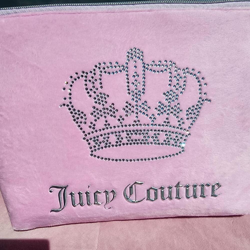 NWT Juicy Couture Pink Velour Rhinestone Crown Cosmetic Bag Y2K Travel Pouch